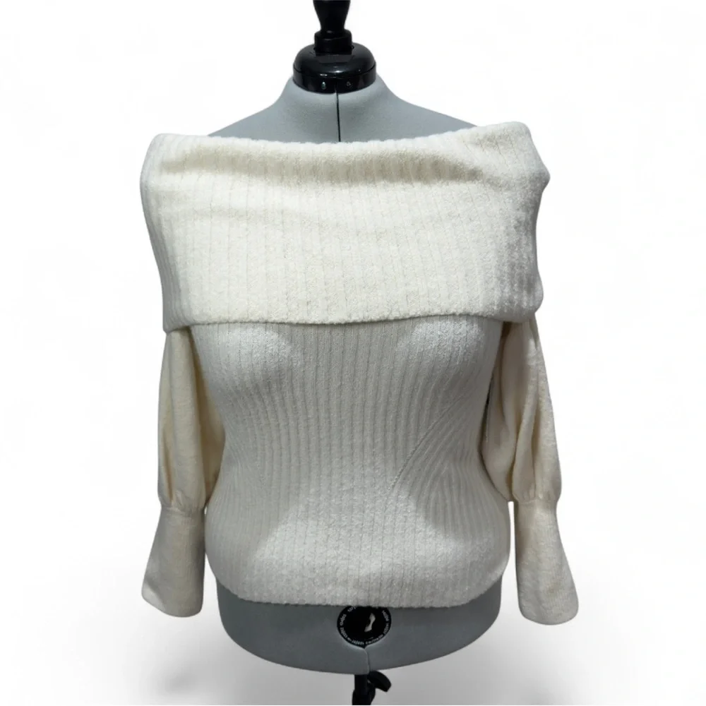 Anthropologie Tessa Off-The-Shoulder Puff-Sleeve Sweater Ivory Knit Plus Size - Picture 4 of 11